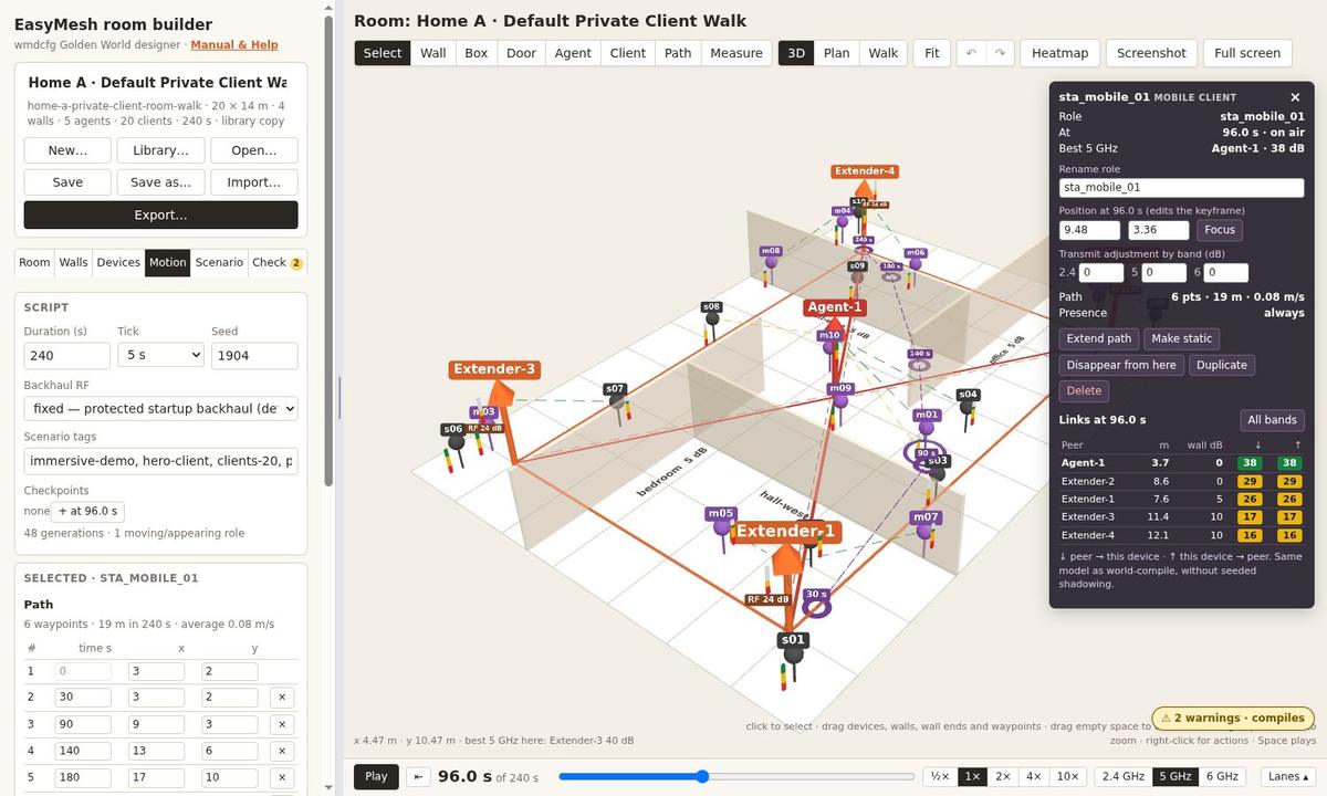 The room builder: a room with walls, agents and a mobile client's path, the link table of the selected client